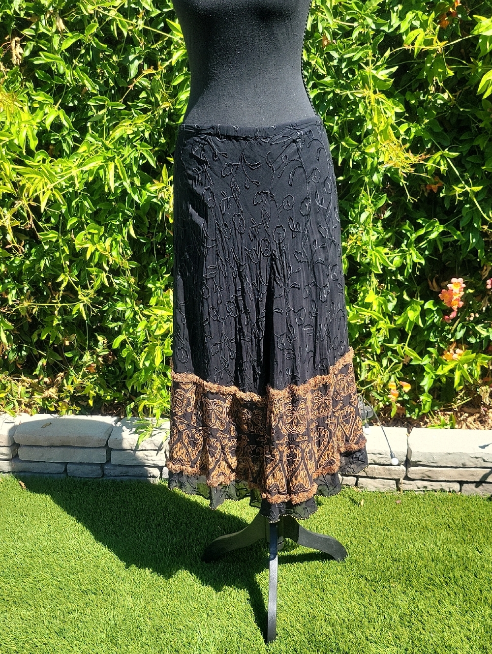 Black & Brown A-Line Embroidered And Beaded Bottom Coastal Cowgirl Maxi Skirt